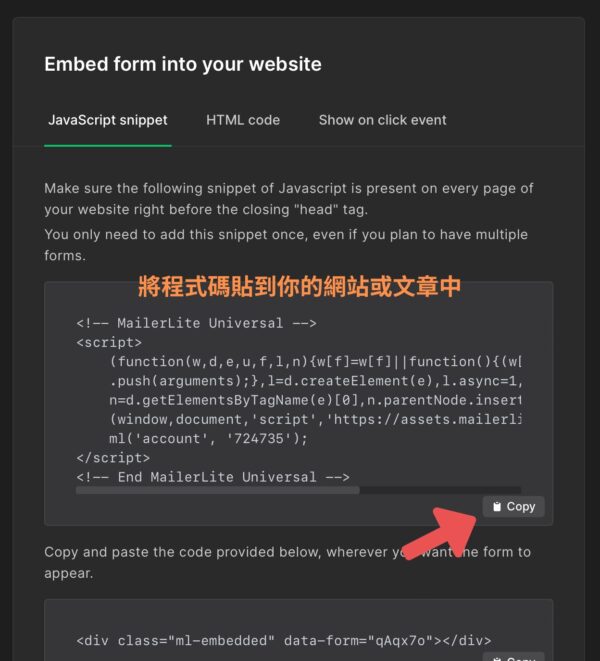 將程式碼貼到你的網站或文章中